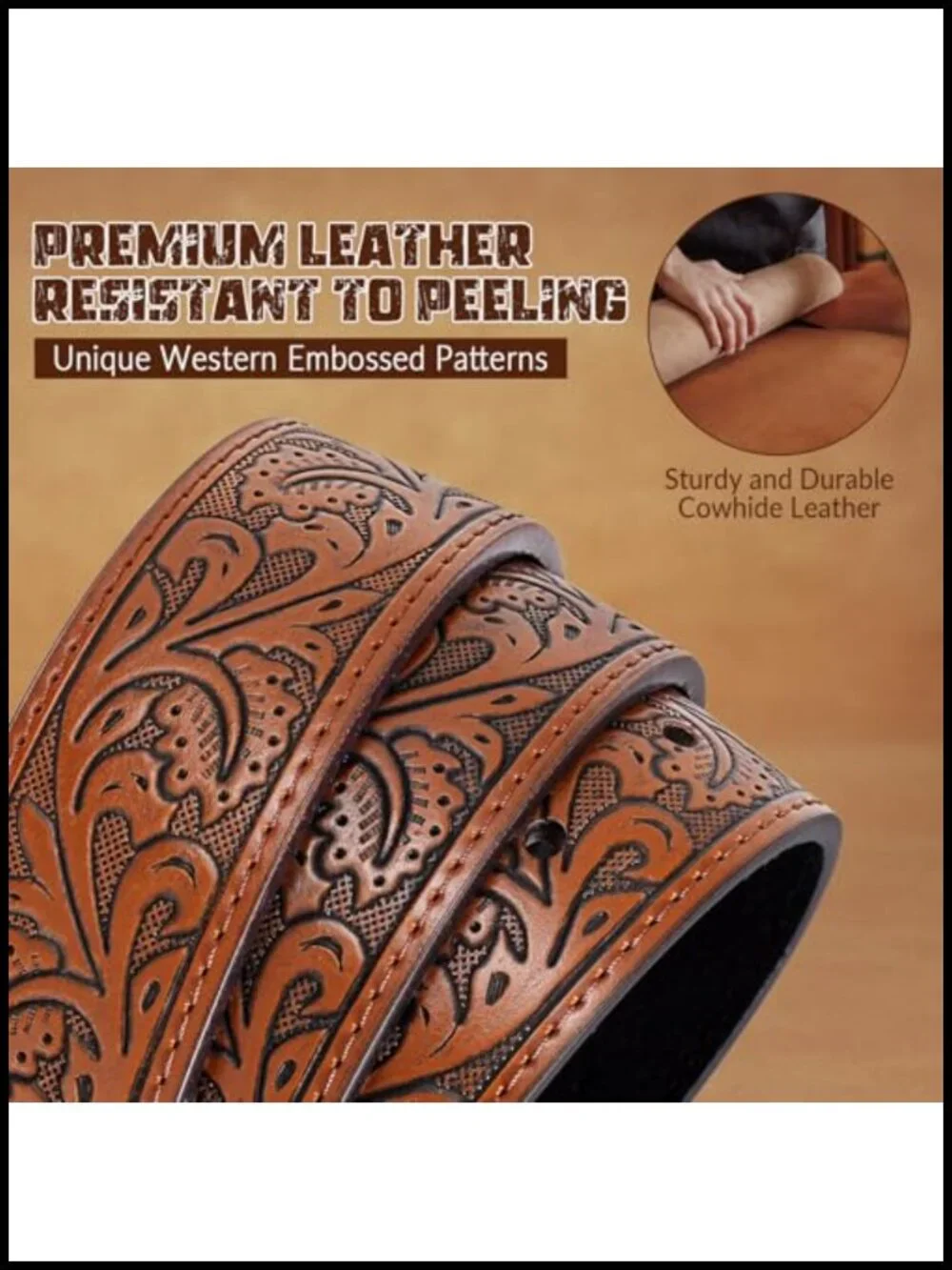 Western Cowboy Leather Belt with Longhorn Poker Buckle